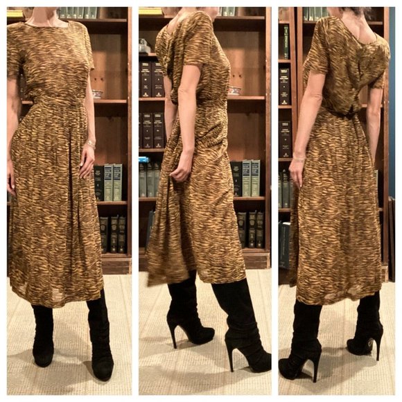 Vintage Carlisle Blouse & Skirt Set Chiffon Top Midi with Slit Leopard Animal S - Picture 2 of 9